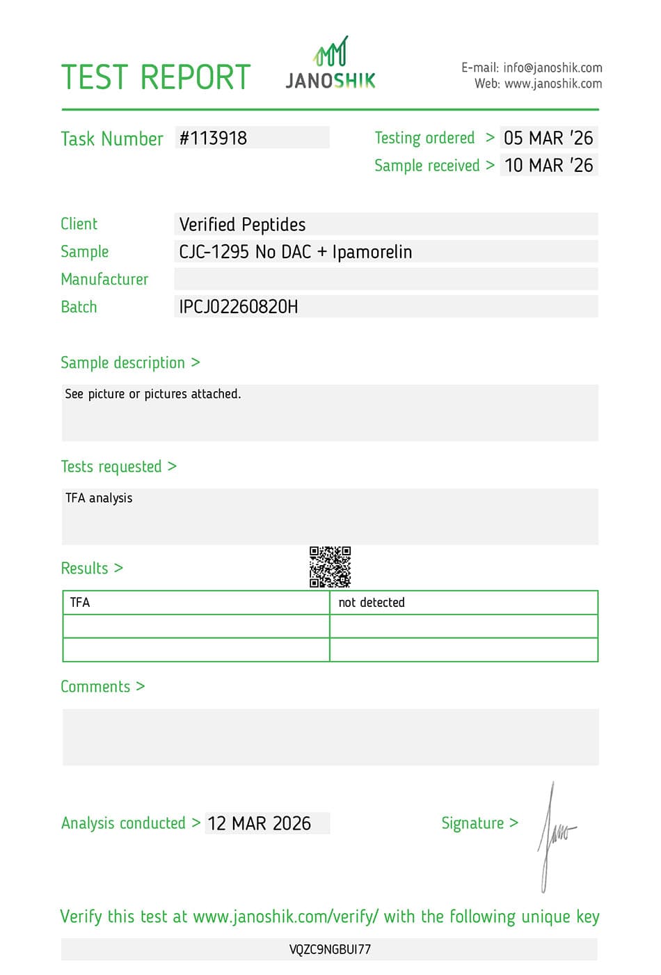 COA for Ipamorelin CJC1295 No DAC