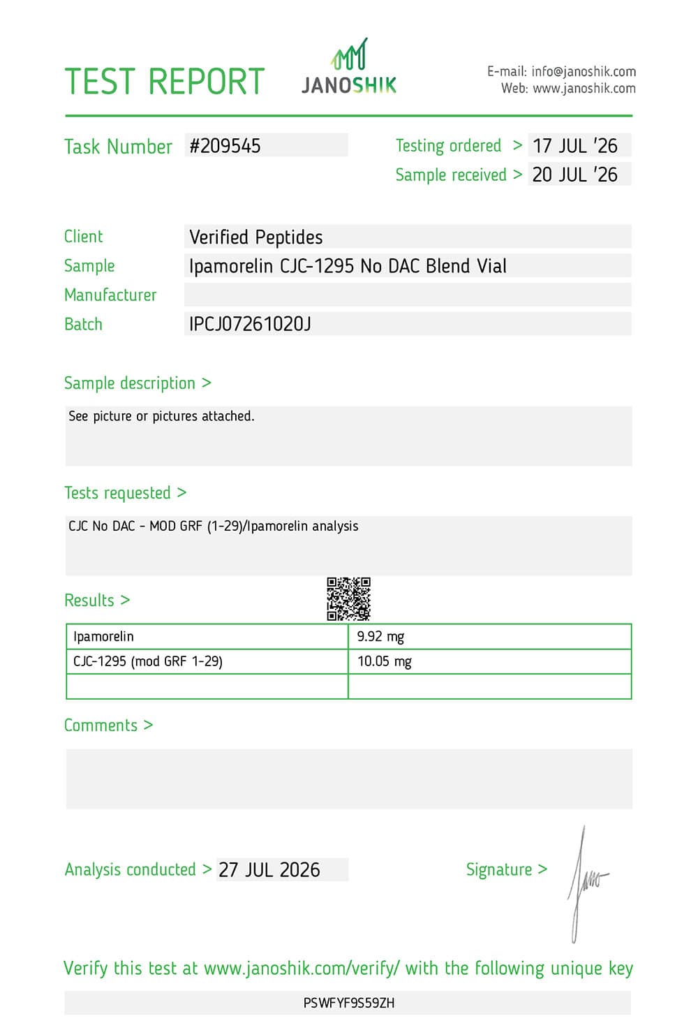 COA for Ipamorelin CJC1295 No DAC